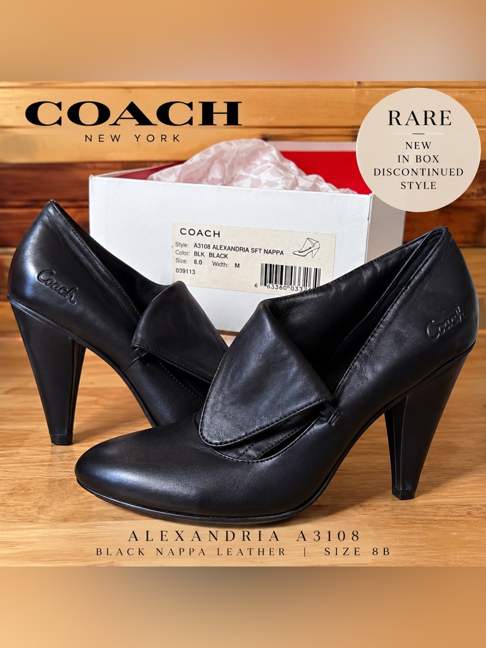 RARE NIB Coach Alexandria A3108 Black Nappa Leather Heels Booties 8B